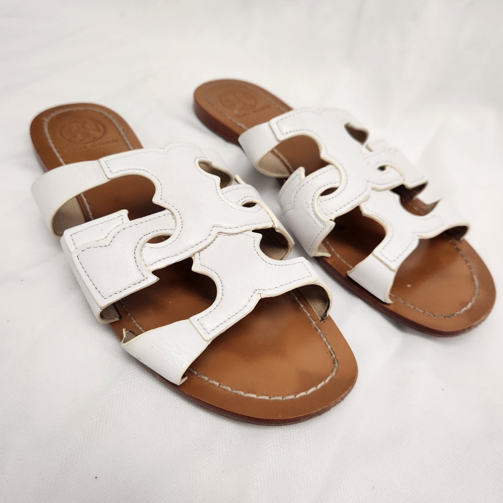 Tory Burch White Leather Anchor Flat Slides Size 6.5 - Picture 2 of 8